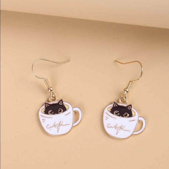 Black Cat in a Latte Cup Cute Dangle Earrings - Picture 2 of 4